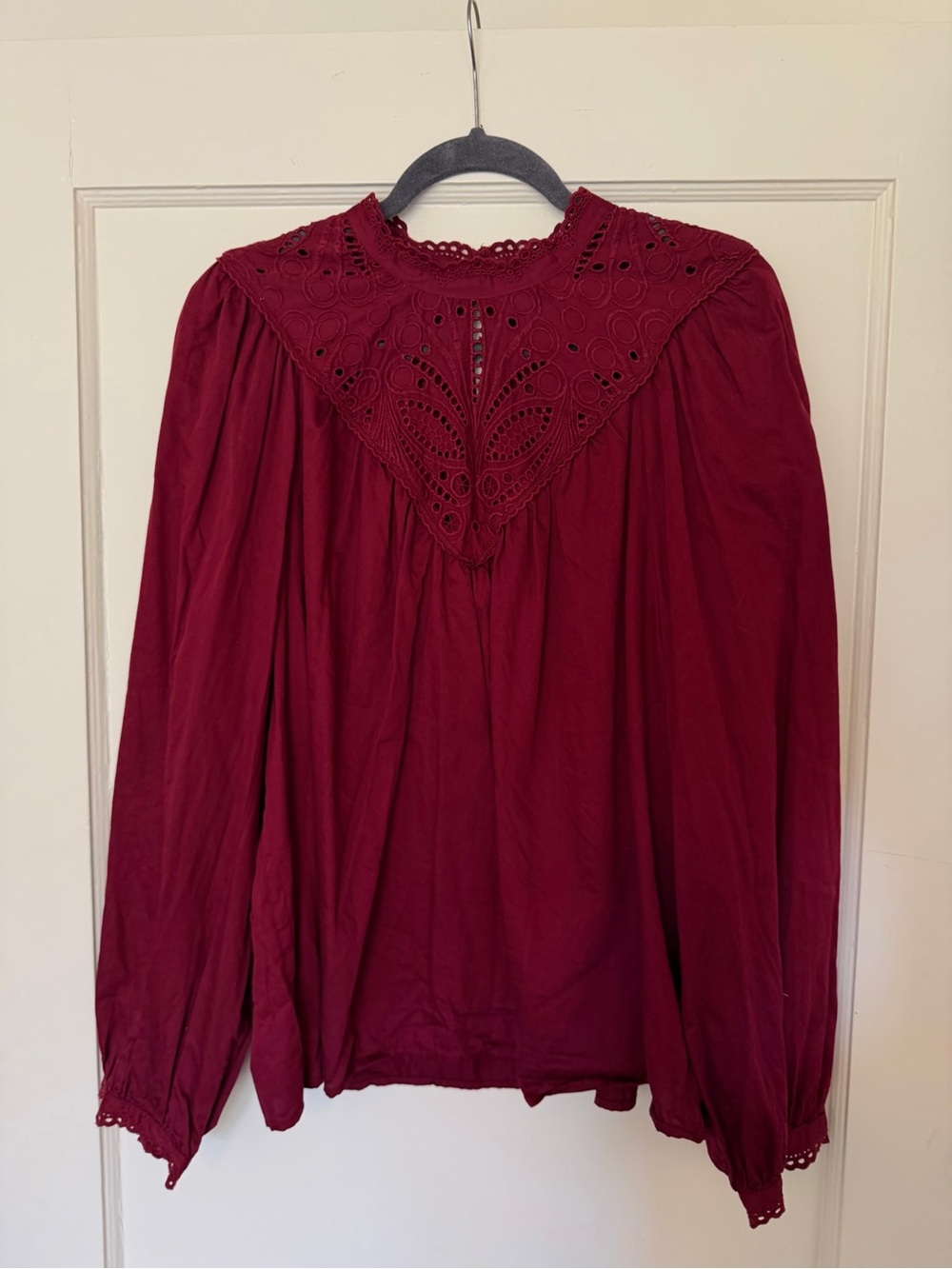 GAP Burgundy Eyelet Yoke Long Sleeve Blouse